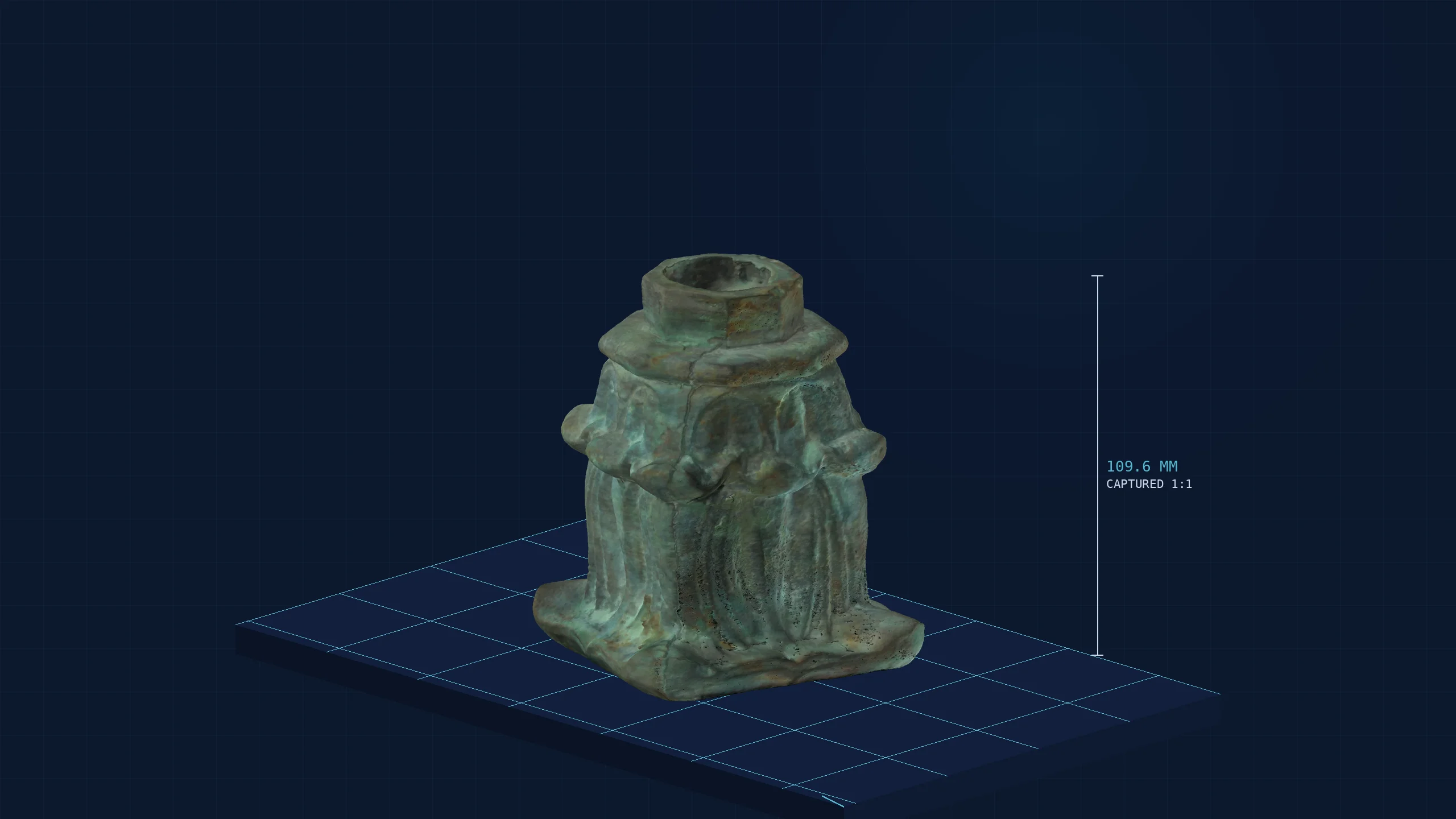 Full-color 3D scan of an ornate historic clock part from Boyd Clocks, dimensioned 1:1